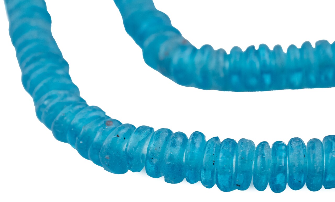 The Bead Chest African Disk Recycled Glass Beads - Full Strand of Eco-Friendly Ghanaian Rondelle Beads (Light Sapphire)